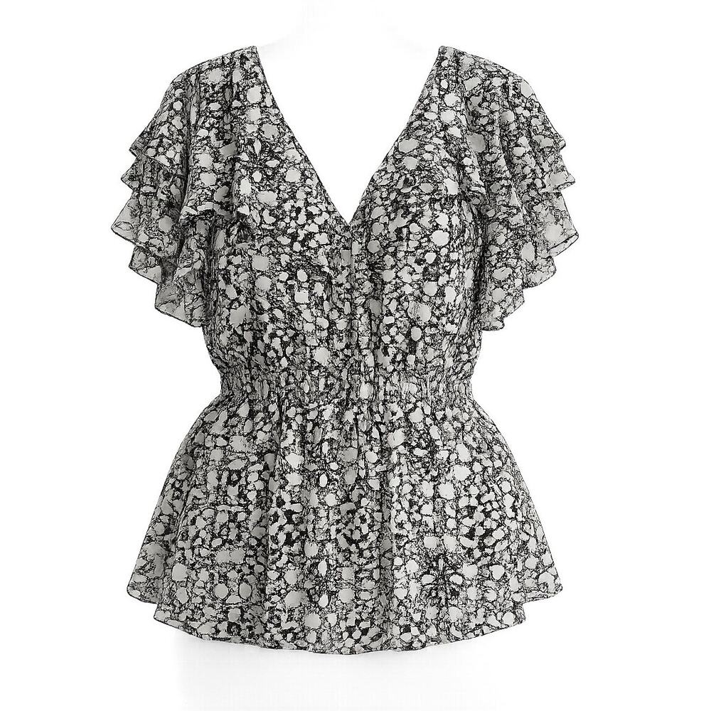 Lane Bryant Black White Ruffled Flowy Sheer V-Neck Blouse - Plus Size 28